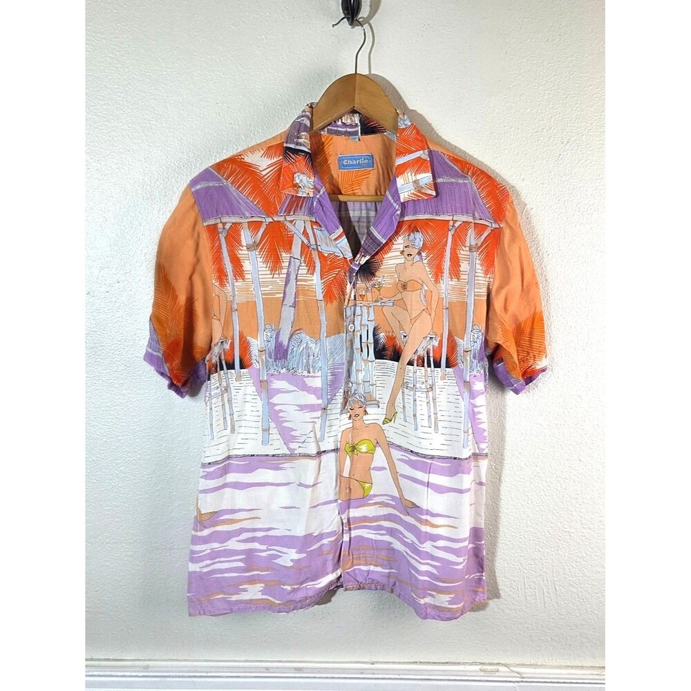 Charlie Men's Short-Sleeve Orange & Purple Tropical Button-Down Shirt